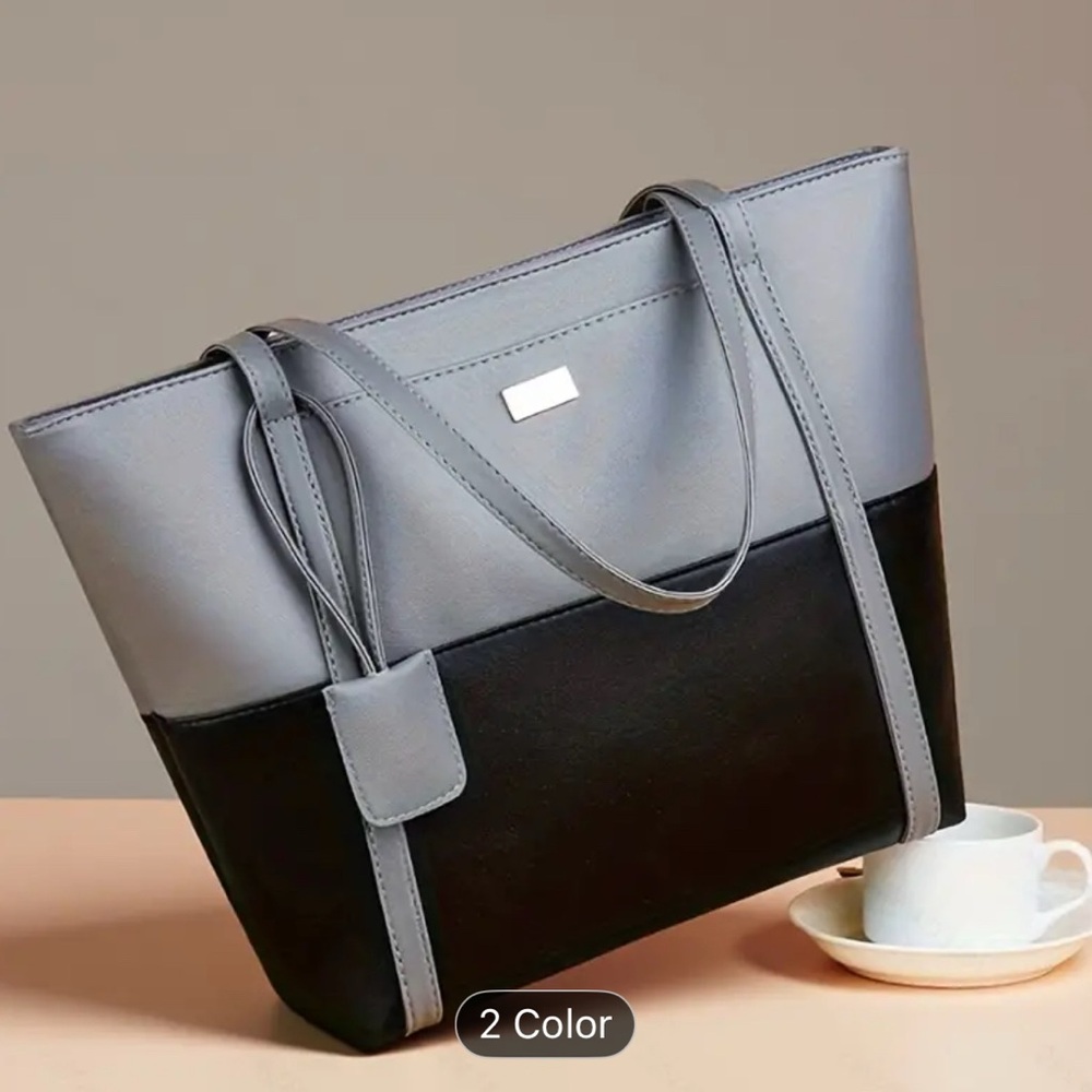Two-Tone Gray & Black Structured Tote Bag with Pocket NIP - Picture 8 of 14